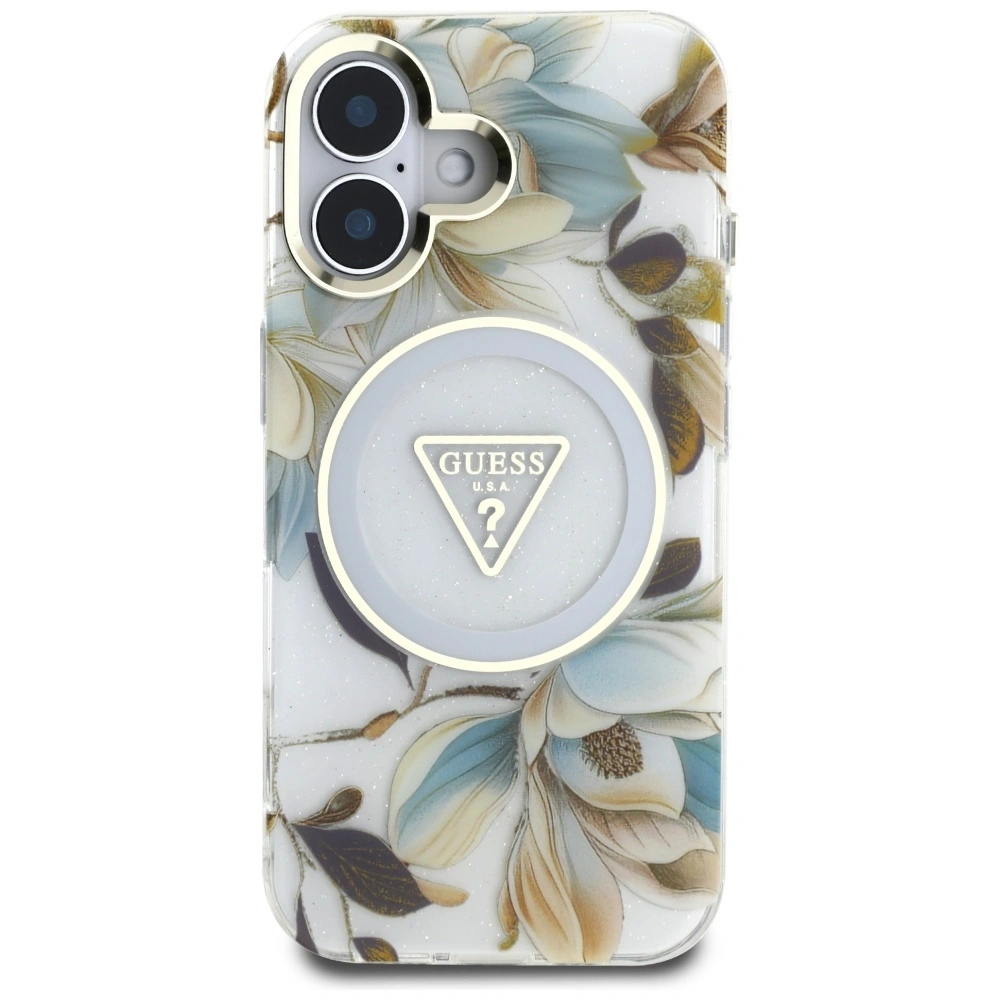 Hurtownia GSM - Guess Flori Sclipitoare butoane Triunghi MagSafe Apple iPhone 16 alb - GUE4408 - {ean13} - Hurt