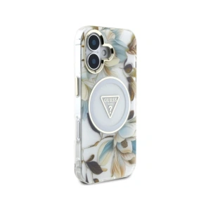Wholesale Guess Glitter Flowers Triangle Buttons MagSafe Apple iPhone 16 white - GUE4408 - {ean13} - Hurt