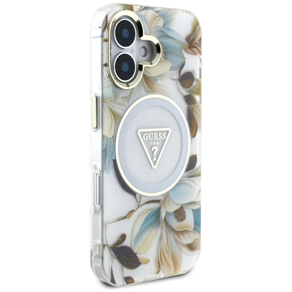 Hurtownia GSM - Guess Flori Sclipitoare butoane Triunghi MagSafe Apple iPhone 16 alb - GUE4408 - {ean13} - Hurt