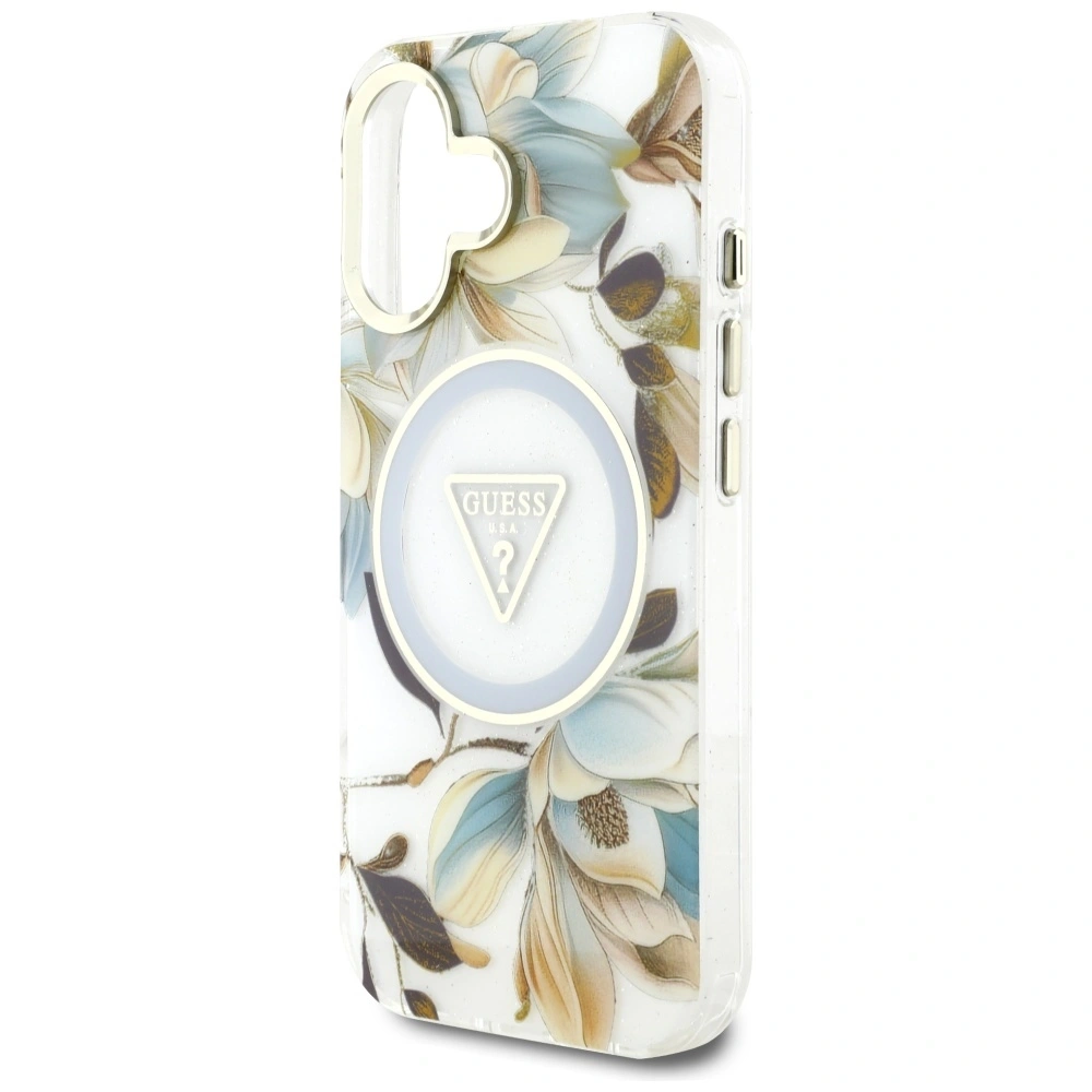 Hurtownia GSM - Guess Flori Sclipitoare butoane Triunghi MagSafe Apple iPhone 16 alb - GUE4408 - {ean13} - Hurt