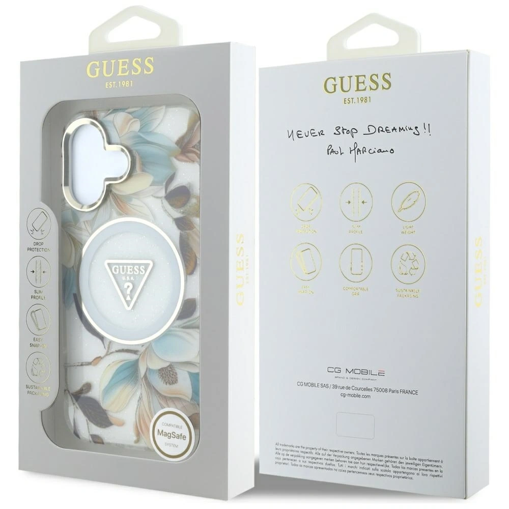 Hurtownia GSM - Guess Flori Sclipitoare butoane Triunghi MagSafe Apple iPhone 16 alb - GUE4408 - {ean13} - Hurt
