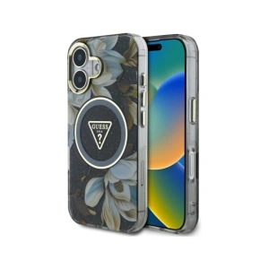 Hurtownia GSM - Guess Flori Glitter Butoane Triunghi MagSafe Apple iPhone 16 negru - GUE4409 - {ean13} - Hurt