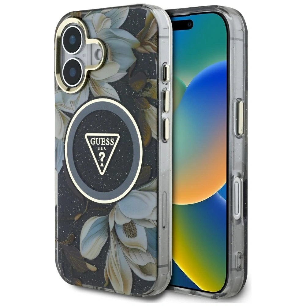 Hurtownia GSM - Etui Guess Glitter Flowers Triangle Buttons MagSafe do Apple iPhone 16 czarny - GUE4409 - {ean13} - Hurt