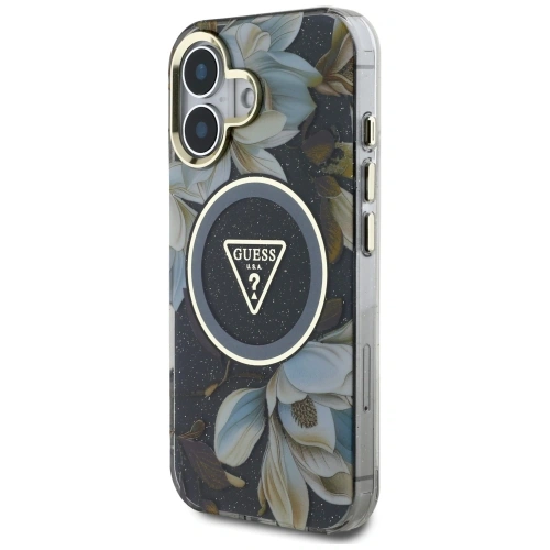 Etui Guess Glitter Flowers Triangle Buttons MagSafe do Apple iPhone 16 czarny