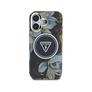 Wholesale Guess Glitter Flowers Triangle Buttons MagSafe Apple iPhone 16 black - GUE4409 - {ean13} - Hurt