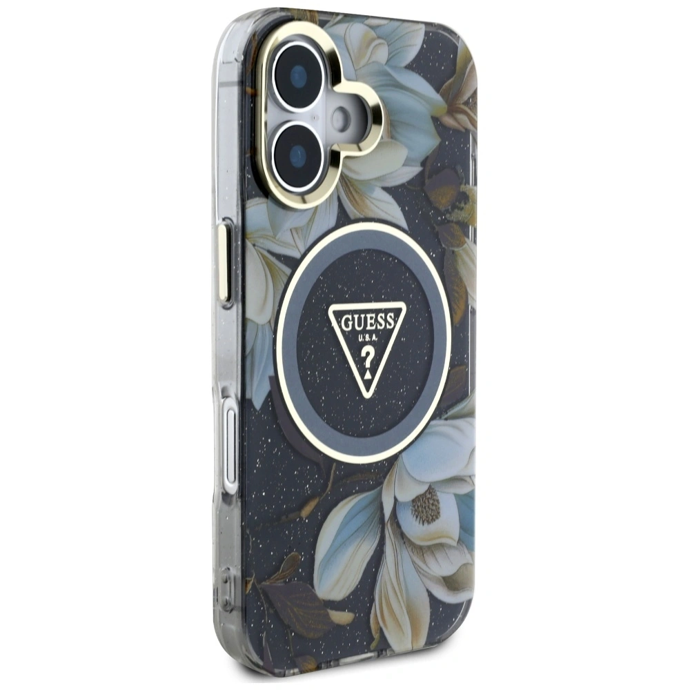 Hurtownia GSM - Guess Flori Glitter Butoane Triunghi MagSafe Apple iPhone 16 negru - GUE4409 - {ean13} - Hurt