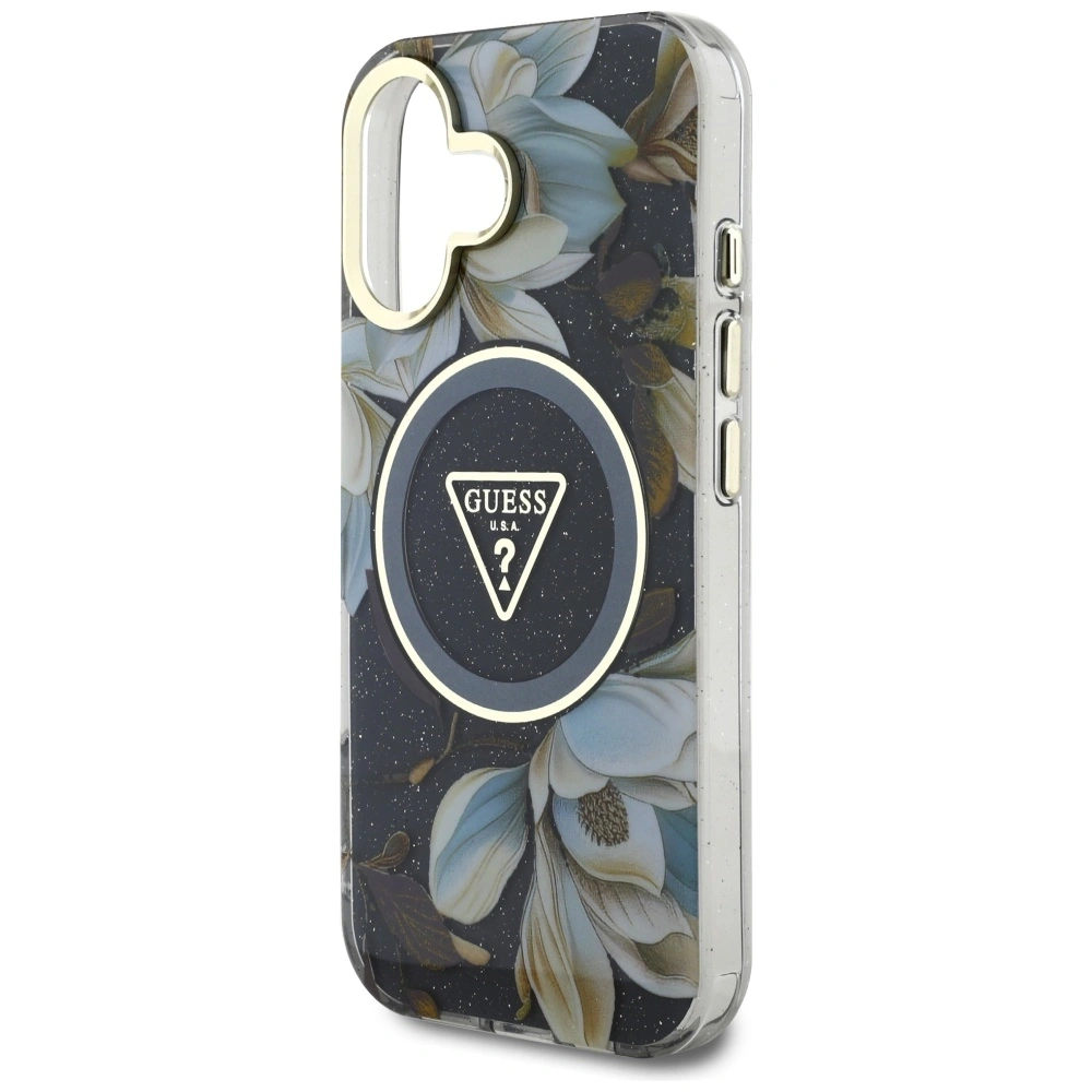 Hurtownia GSM - Etui Guess Glitter Flowers Triangle Buttons MagSafe do Apple iPhone 16 czarny - GUE4409 - {ean13} - Hurt