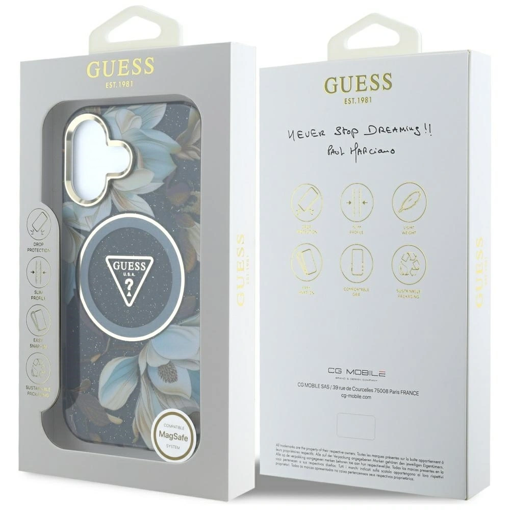 Hurtownia GSM - Guess Flori Glitter Butoane Triunghi MagSafe Apple iPhone 16 negru - GUE4409 - {ean13} - Hurt