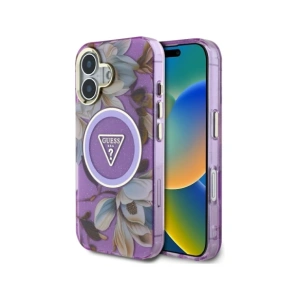 Wholesale Guess Glitter Flowers Triangle Buttons MagSafe Apple iPhone 16 purple - GUE4410 - {ean13} - Hurt