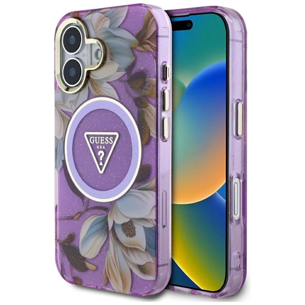 Hurtownia GSM - Guess Flori Glitter Butoane Triunghi MagSafe Apple iPhone 16 violet - GUE4410 - {ean13} - Hurt