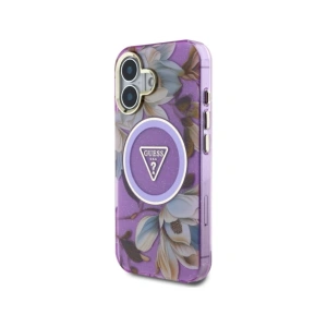 Wholesale Guess Glitter Flowers Triangle Buttons MagSafe Apple iPhone 16 purple - GUE4410 - {ean13} - Hurt