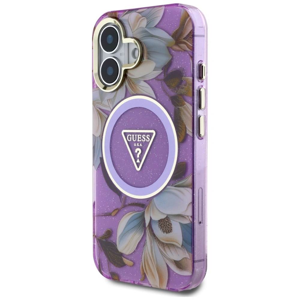 Hurtownia GSM - Guess Flori Glitter Butoane Triunghi MagSafe Apple iPhone 16 violet - GUE4410 - {ean13} - Hurt