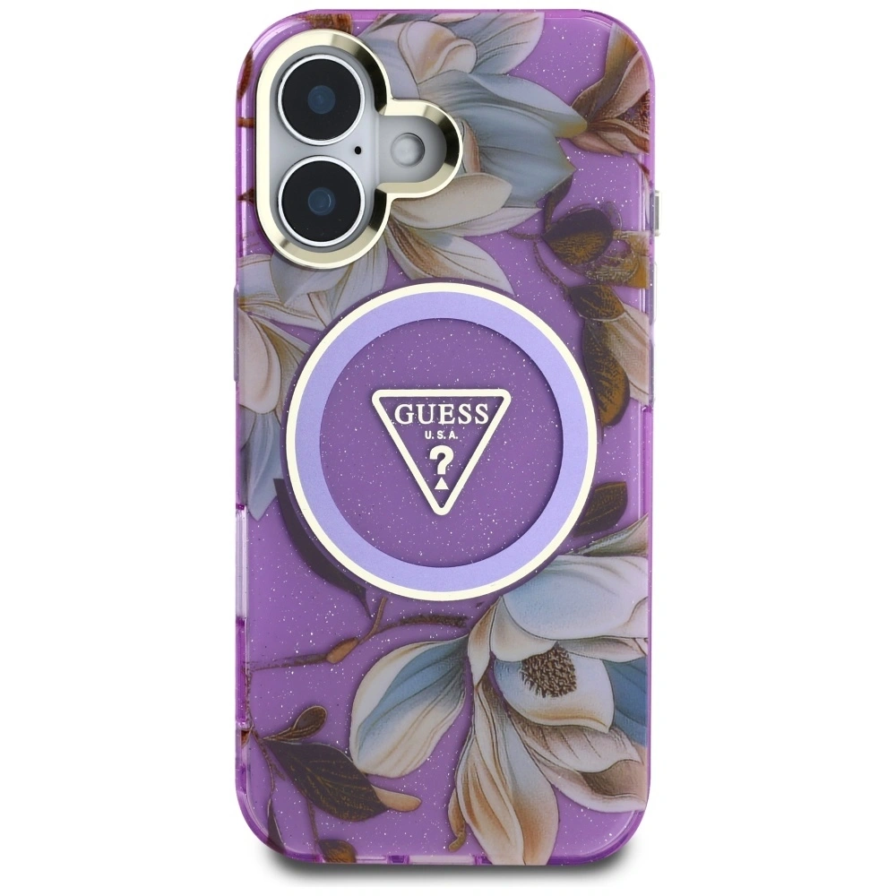Hurtownia GSM - Guess Glitter Flowers Triangle Buttons MagSafe Apple iPhone 16 fialový - GUE4410 - {ean13} - Hurt