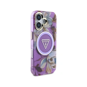Wholesale Guess Glitter Flowers Triangle Buttons MagSafe Apple iPhone 16 purple - GUE4410 - {ean13} - Hurt