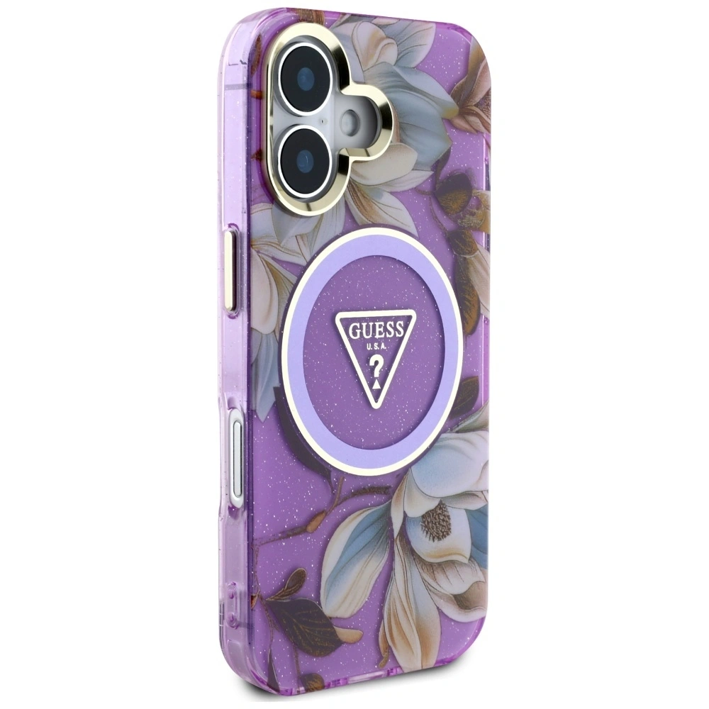 Hurtownia GSM - Guess Flori Glitter Butoane Triunghi MagSafe Apple iPhone 16 violet - GUE4410 - {ean13} - Hurt