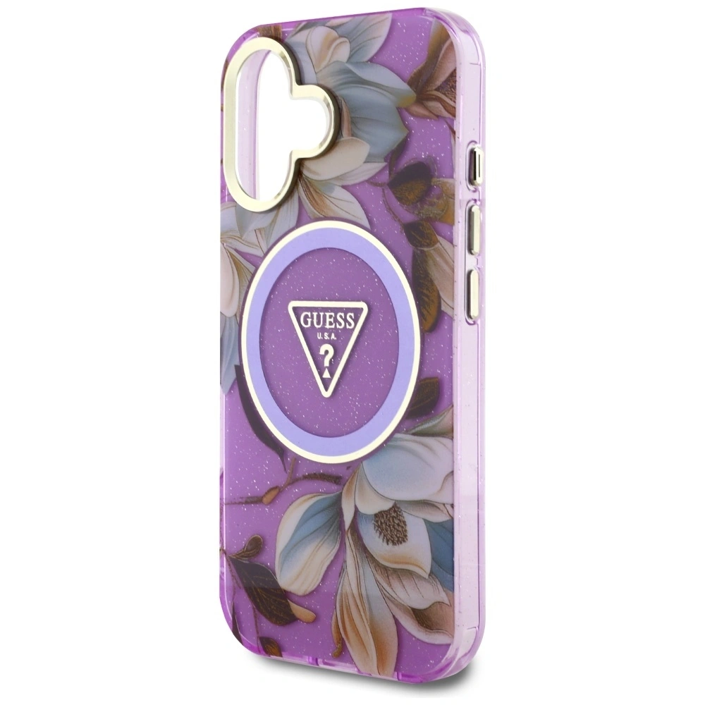 Hurtownia GSM - Guess Flori Glitter Butoane Triunghi MagSafe Apple iPhone 16 violet - GUE4410 - {ean13} - Hurt