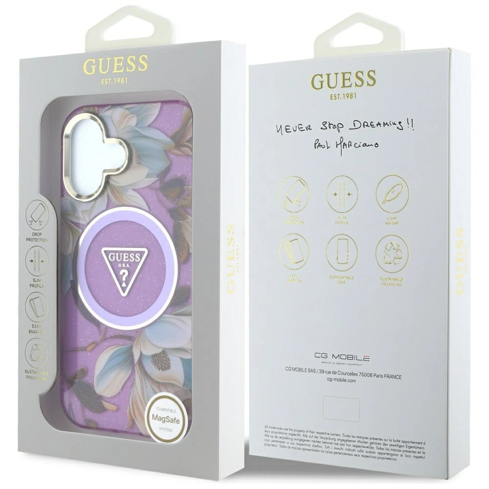 Hurtownia GSM - Guess Flori Glitter Butoane Triunghi MagSafe Apple iPhone 16 violet - GUE4410 - {ean13} - Hurt