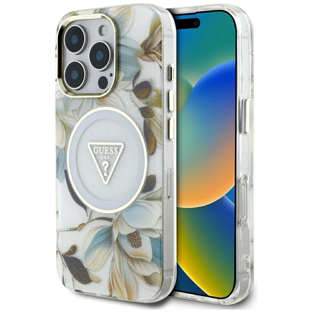 Hurtownia GSM - Guess Glitter květiny trojúhelníkové tlačítka MagSafe Apple iPhone 16 Pro bílý - GUE4411 - {ean13} - Hurt