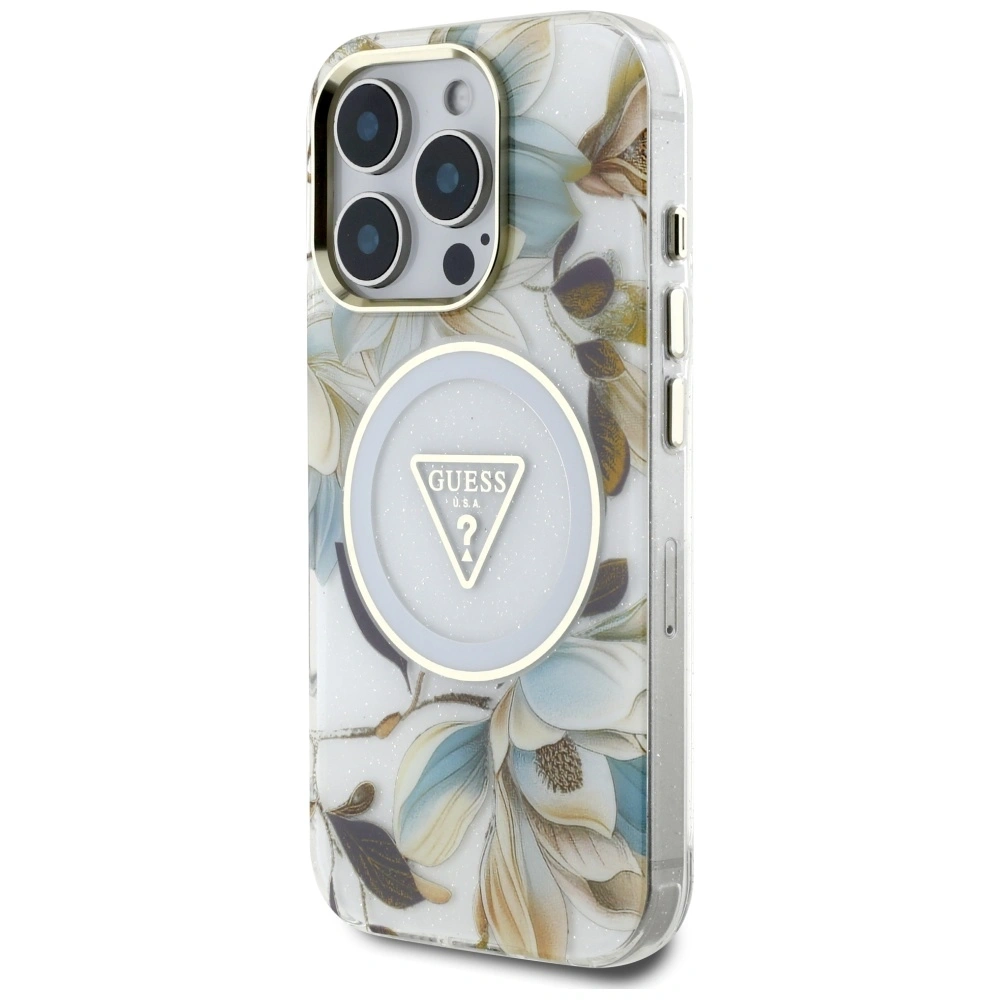 Hurtownia GSM - Guess Glitter květiny trojúhelníkové tlačítka MagSafe Apple iPhone 16 Pro bílý - GUE4411 - {ean13} - Hurt