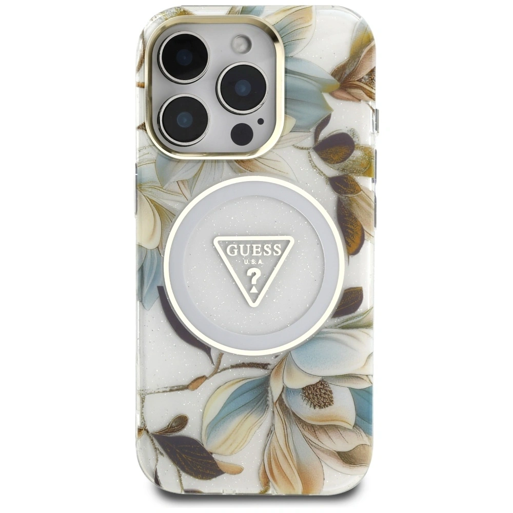 Hurtownia GSM - Guess Glitter květiny trojúhelníkové tlačítka MagSafe Apple iPhone 16 Pro bílý - GUE4411 - {ean13} - Hurt