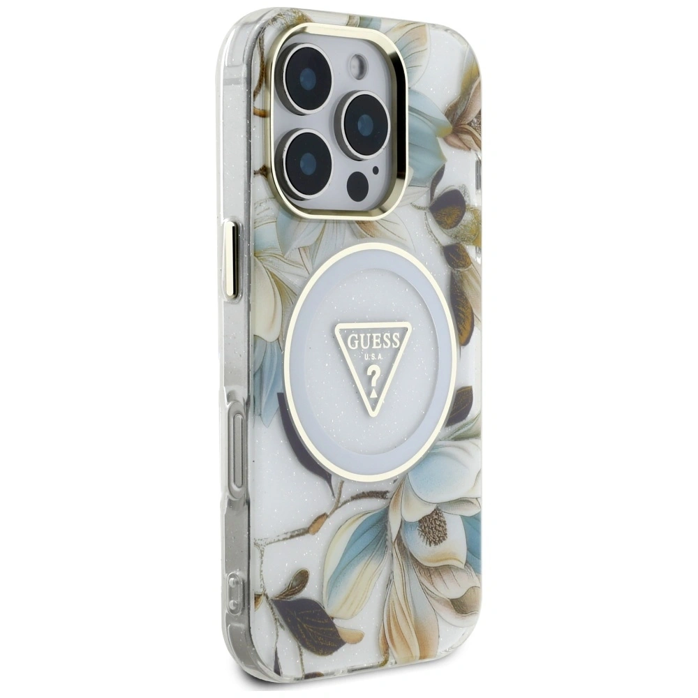 Hurtownia GSM - Guess Glitter květiny trojúhelníkové tlačítka MagSafe Apple iPhone 16 Pro bílý - GUE4411 - {ean13} - Hurt