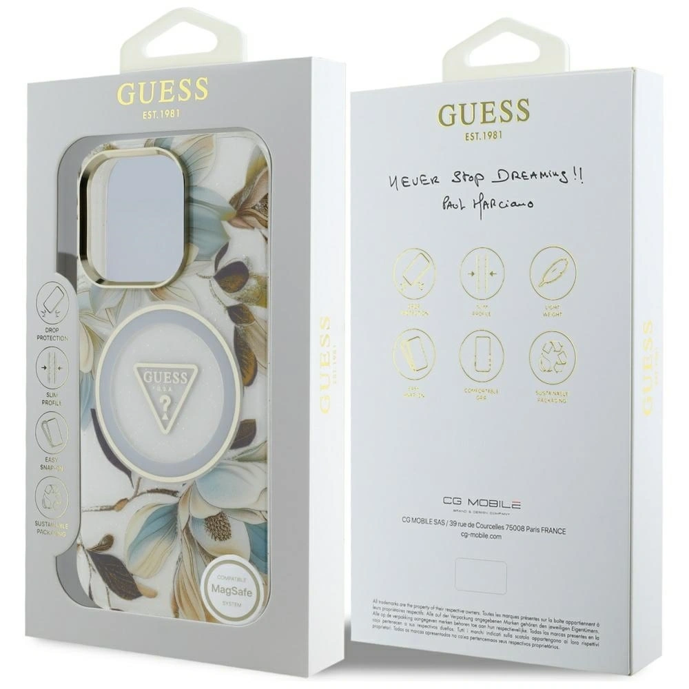 Hurtownia GSM - Etui Guess Glitter Flowers Triangle Buttons MagSafe do Apple iPhone 16 Pro biały - GUE4411 - {ean13} - Hurt