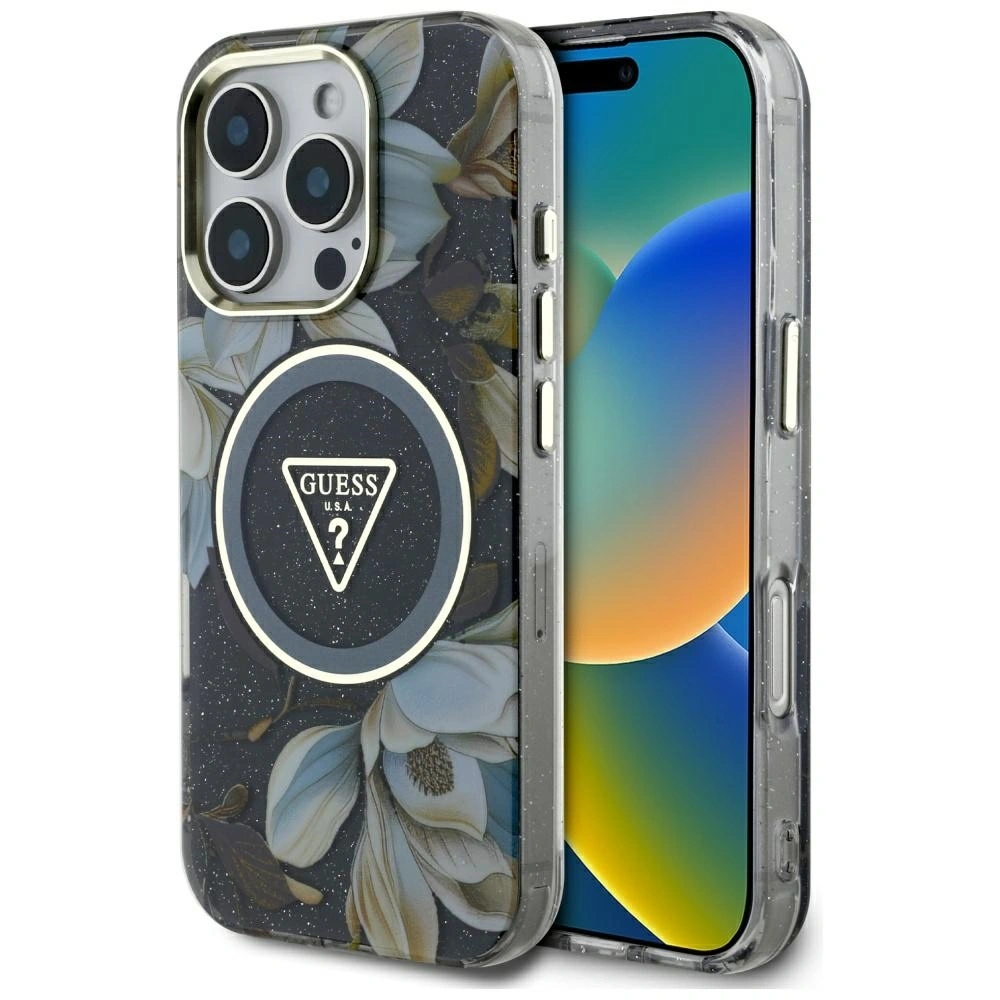 Hurtownia GSM - Guess Glitrové květiny trojúhelníkové tlačítka MagSafe Apple iPhone 16 Pro černý - GUE4412 - {ean13} - Hurt