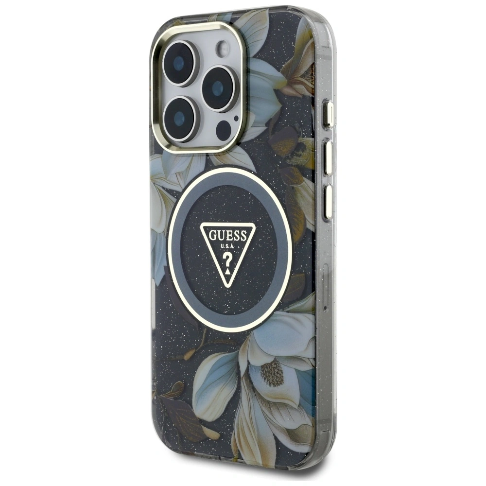 Hurtownia GSM - Guess Glitrové květiny trojúhelníkové tlačítka MagSafe Apple iPhone 16 Pro černý - GUE4412 - {ean13} - Hurt