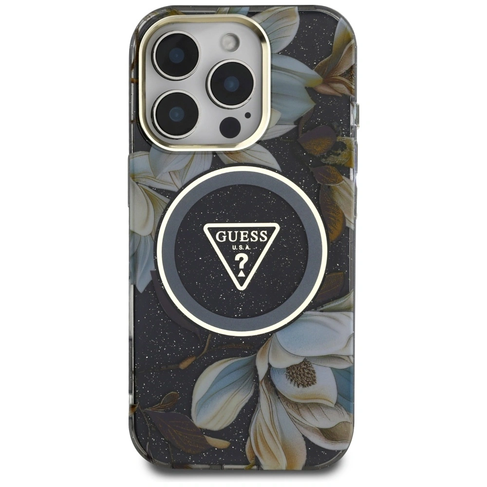 Hurtownia GSM - Guess Glitrové květiny trojúhelníkové tlačítka MagSafe Apple iPhone 16 Pro černý - GUE4412 - {ean13} - Hurt