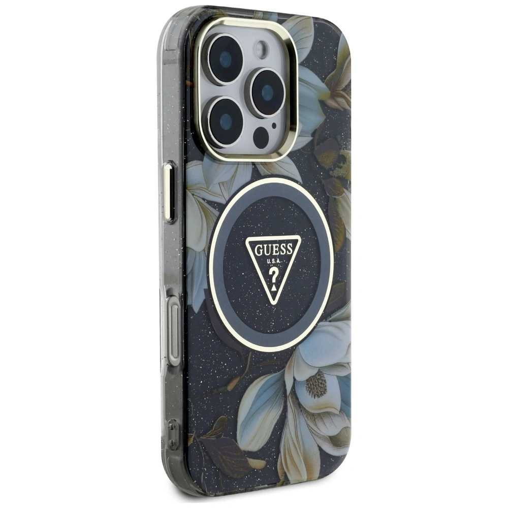 Hurtownia GSM - Guess Glitrové květiny trojúhelníkové tlačítka MagSafe Apple iPhone 16 Pro černý - GUE4412 - {ean13} - Hurt
