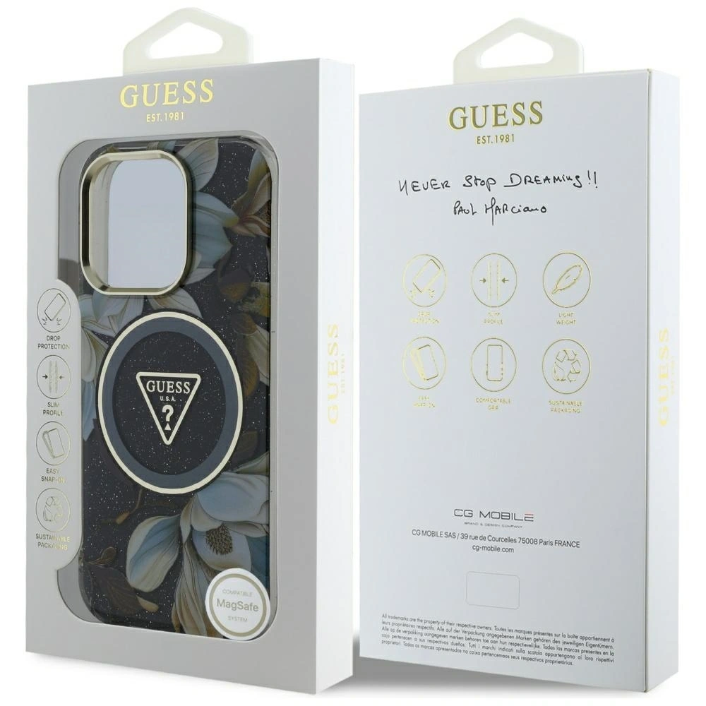 Hurtownia GSM - Guess Glitrové květiny trojúhelníkové tlačítka MagSafe Apple iPhone 16 Pro černý - GUE4412 - {ean13} - Hurt