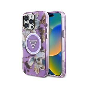 Etui Guess Glitter Flowers Triangle Buttons MagSafe do Apple iPhone 16 Pro fioletowy