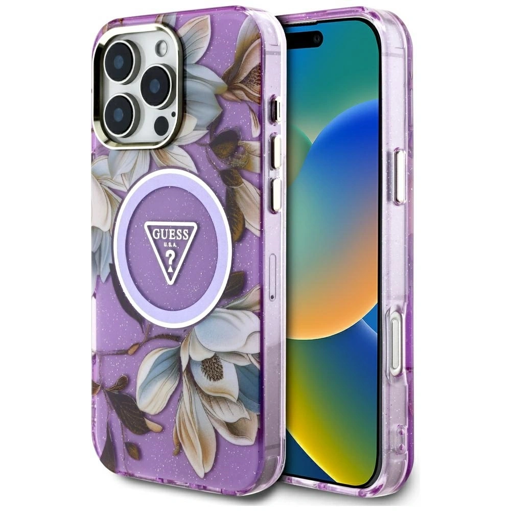 Hurtownia GSM - Guess Glitrové květiny trojúhelníkové tlačítka MagSafe Apple iPhone 16 Pro fialový - GUE4413 - {ean13} - Hurt