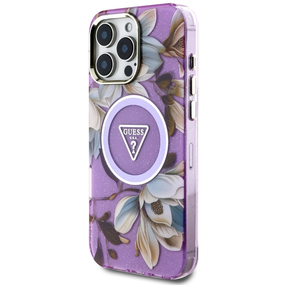 Hurtownia GSM - Guess Glitrové květiny trojúhelníkové tlačítka MagSafe Apple iPhone 16 Pro fialový - GUE4413 - {ean13} - Hurt