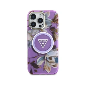 Etui Guess Glitter Flowers Triangle Buttons MagSafe do Apple iPhone 16 Pro fioletowy