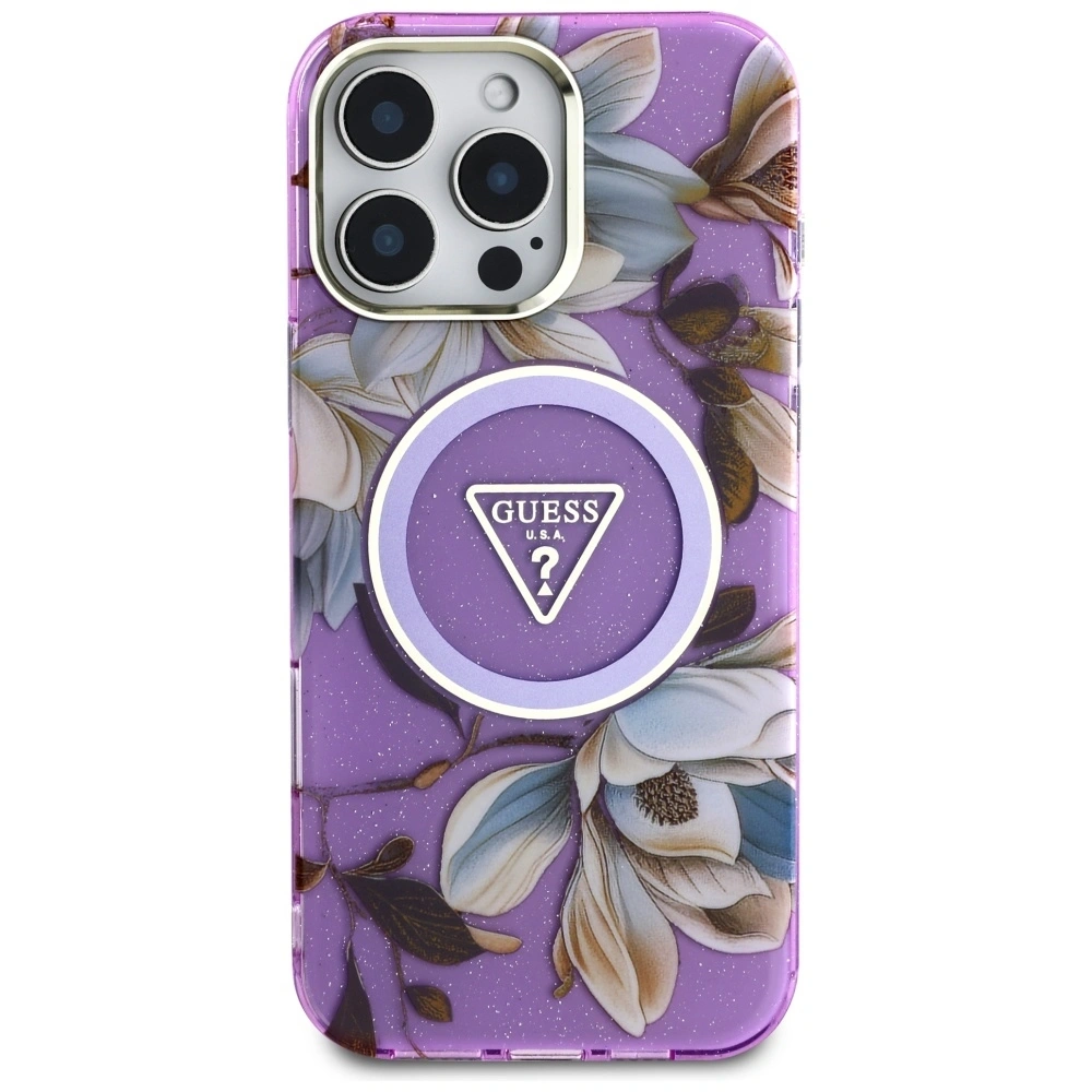 Hurtownia GSM - Guess Glitrové květiny trojúhelníkové tlačítka MagSafe Apple iPhone 16 Pro fialový - GUE4413 - {ean13} - Hurt