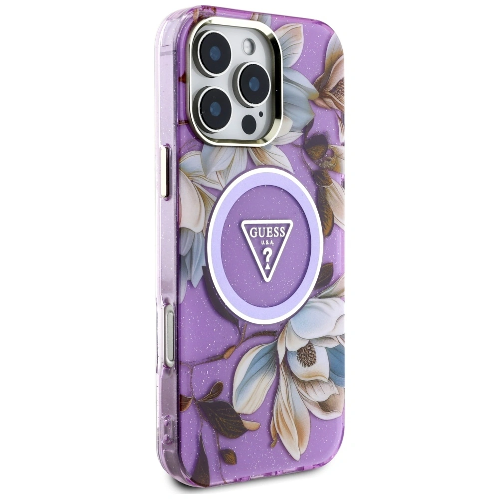 Hurtownia GSM - Guess Glitrové květiny trojúhelníkové tlačítka MagSafe Apple iPhone 16 Pro fialový - GUE4413 - {ean13} - Hurt