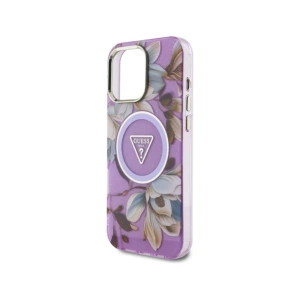 Etui Guess Glitter Flowers Triangle Buttons MagSafe do Apple iPhone 16 Pro fioletowy