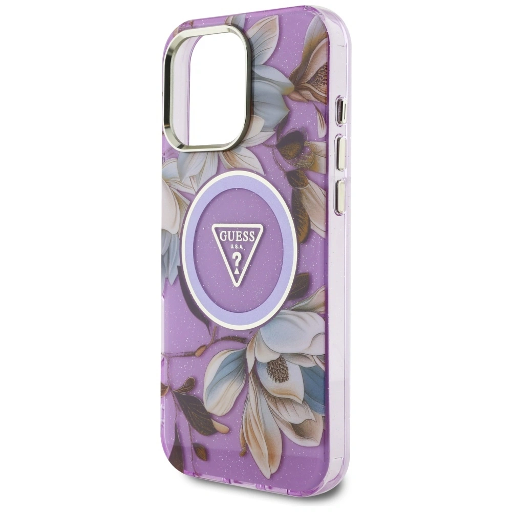 Hurtownia GSM - Etui Guess Glitter Flowers Triangle Buttons MagSafe do Apple iPhone 16 Pro fioletowy - GUE4413 - {ean13} - Hurt