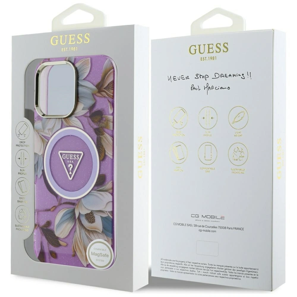 Hurtownia GSM - Guess Glitrové květiny trojúhelníkové tlačítka MagSafe Apple iPhone 16 Pro fialový - GUE4413 - {ean13} - Hurt
