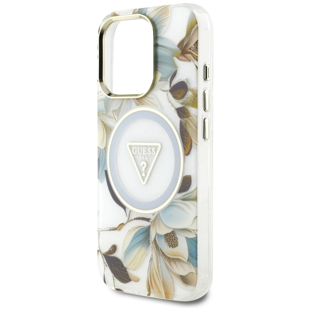 Wholesale Guess Glitter Flowers Triangle Buttons MagSafe Apple iPhone 16 Pro Max white - GUE4414 - {ean13} - Hurt