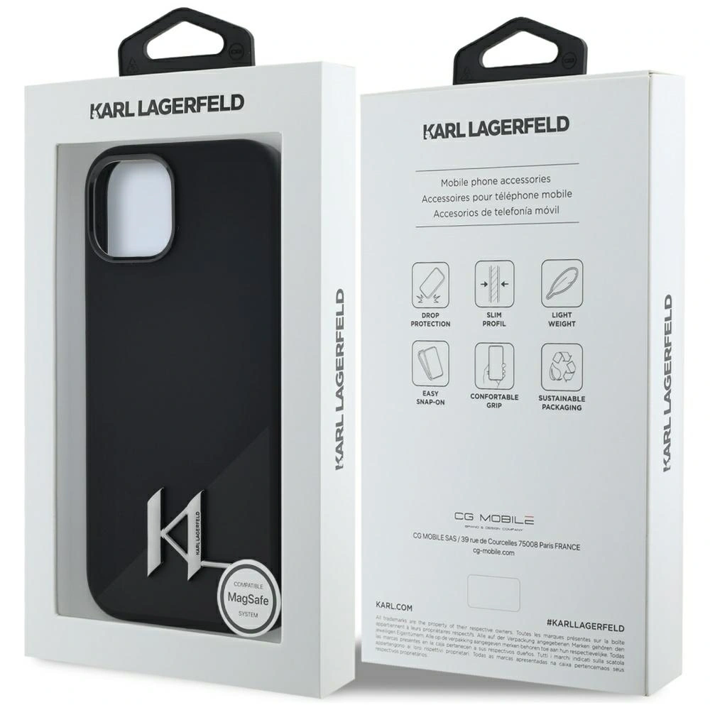 Wholesale Karl Lagerfeld Silicone Shadow Metal Initial MagSafe Apple iPhone 15 black - KLD21969 - {ean13} - Hurt