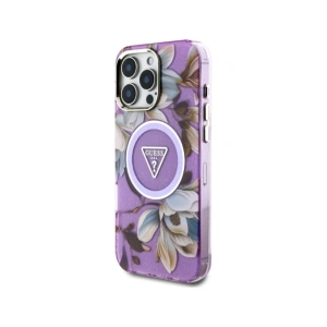 Etui Guess Glitter Flowers Triangle Buttons MagSafe do Apple iPhone 16 Pro Max fioletowy