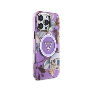 Etui Guess Glitter Flowers Triangle Buttons MagSafe do Apple iPhone 16 Pro Max fioletowy