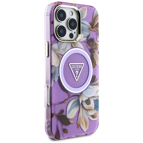 Etui Guess Glitter Flowers Triangle Buttons MagSafe do Apple iPhone 16 Pro Max fioletowy