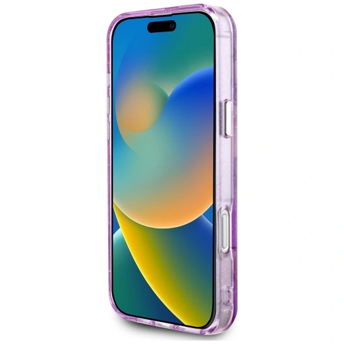 Etui Guess Glitter Flowers Triangle Buttons MagSafe do Apple iPhone 16 Pro Max fioletowy