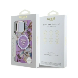 Etui Guess Glitter Flowers Triangle Buttons MagSafe do Apple iPhone 16 Pro Max fioletowy