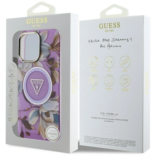 Etui Guess Glitter Flowers Triangle Buttons MagSafe do Apple iPhone 16 Pro Max fioletowy