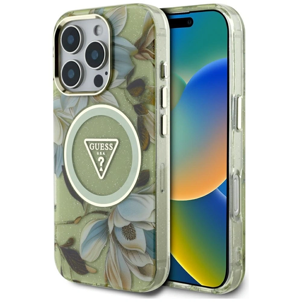 Hurtownia GSM - Guess Glitrové květiny trojúhelníkové tlačítka MagSafe Apple iPhone 16 Pro zelený - GUE4418 - {ean13} - Hurt