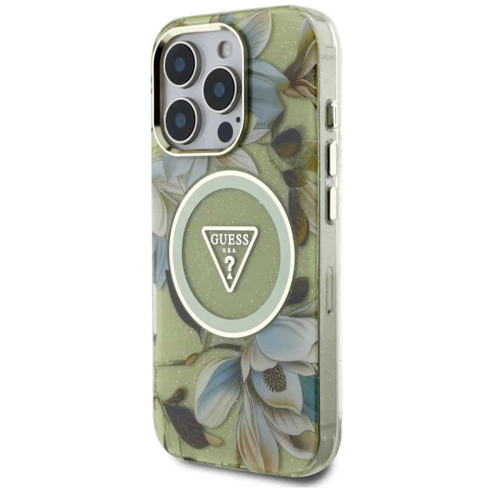 Hurtownia GSM - Guess Glitrové květiny trojúhelníkové tlačítka MagSafe Apple iPhone 16 Pro zelený - GUE4418 - {ean13} - Hurt